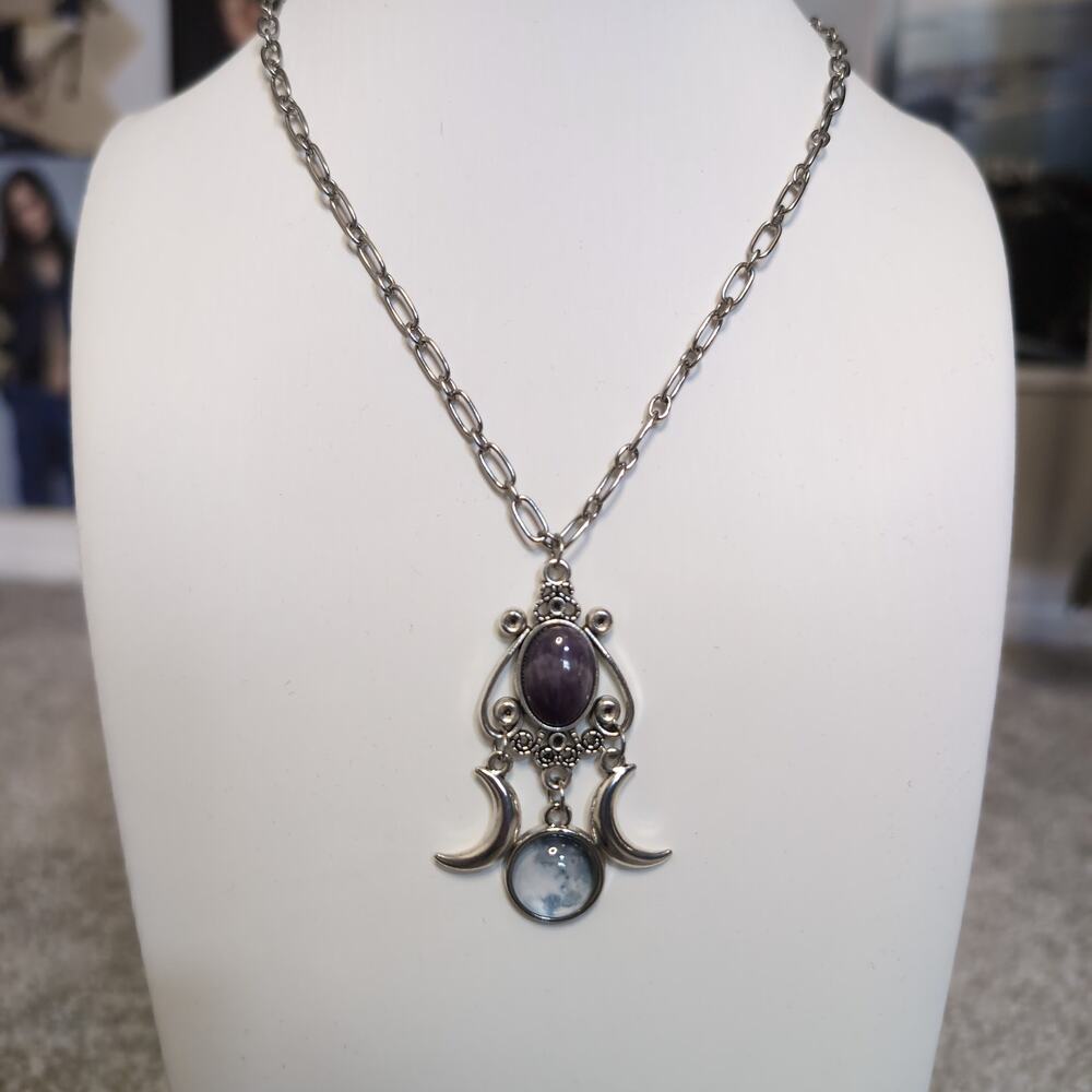 Silver Triple Moon Goddess Pendant Necklace